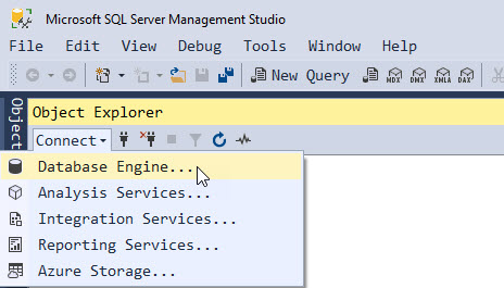 In Object Explorer, the Connect drop-down menu displays, and Database Engine is selected.